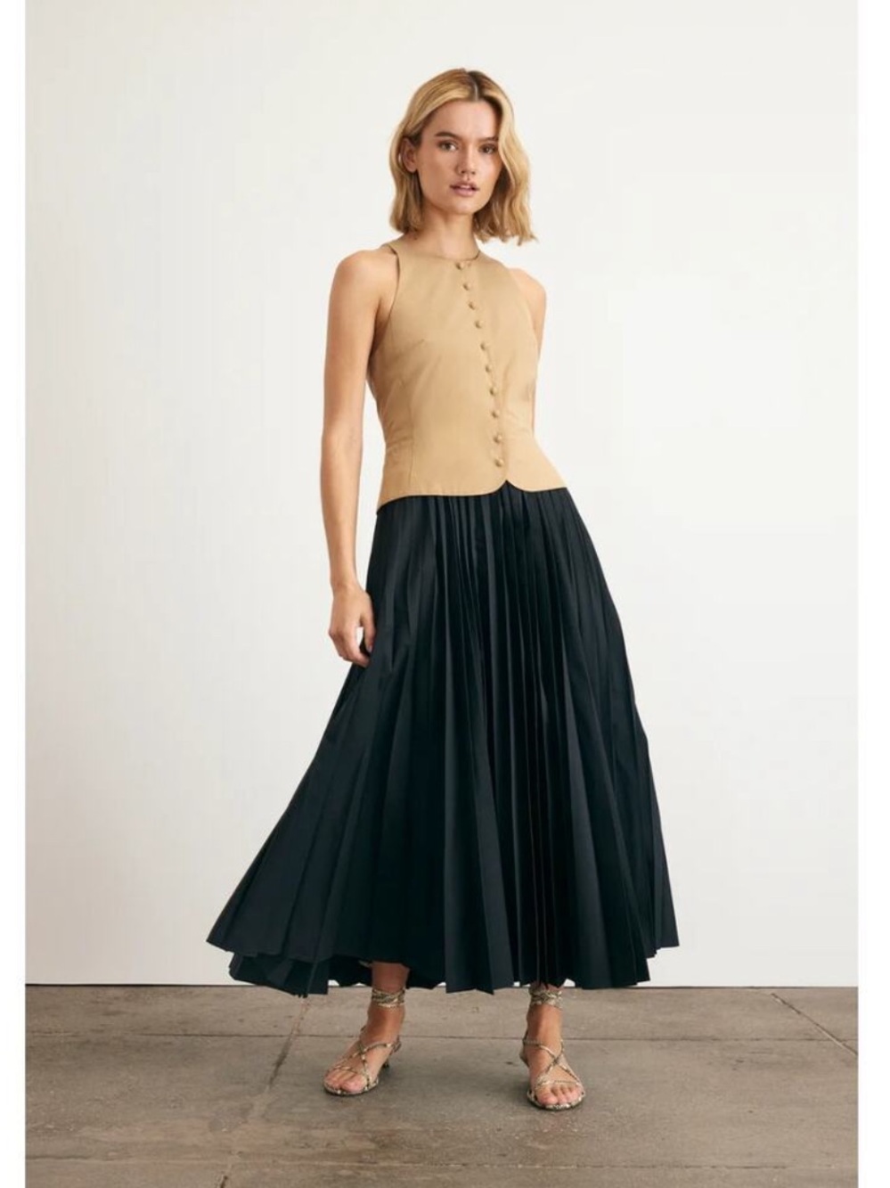 Tanya Taylor Robbie Dress Sleeveless Pleated Combo Midi Khaki Black Colorblock 4